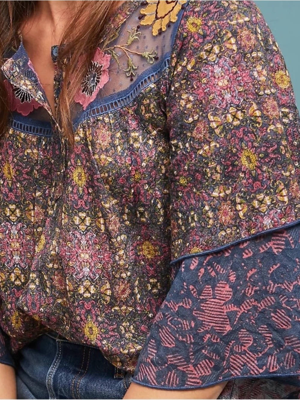 Postmark Anthropologie Floral Printed Blouse - Navy/Pink
